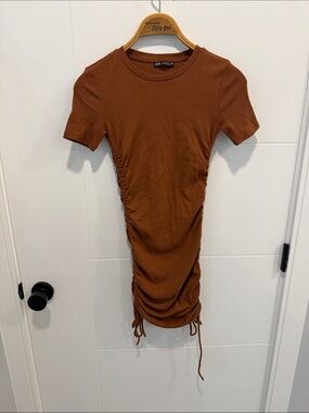 Zara Rust Brown Side-Ruched Tee Dress size small